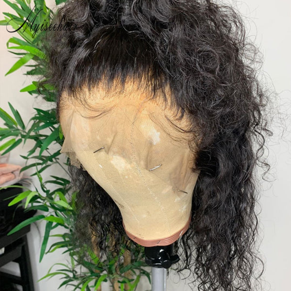 MYISEEHAIR Glueless Black Curly Bob Thick Human Hair 360 Lace Wig With Fake Scalp ISEE35