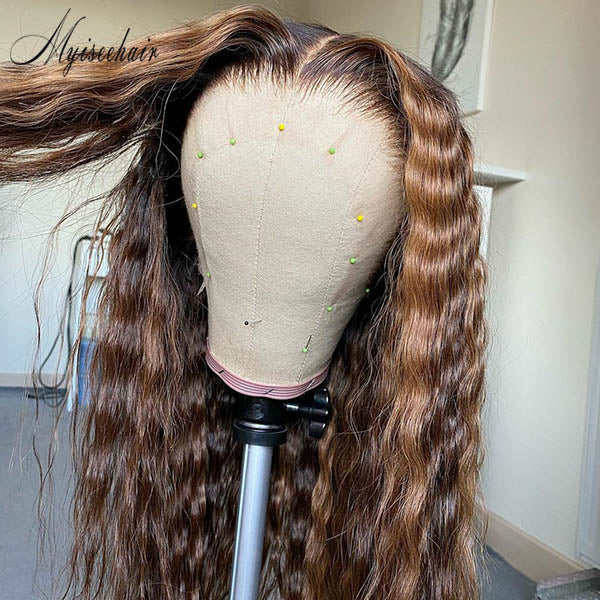 MYISEEHAIR HIGHLIGHTS BROWN COLOR DEEP WAVE 360 LACE FRONT HUMAN HAIR WIG ISEE61