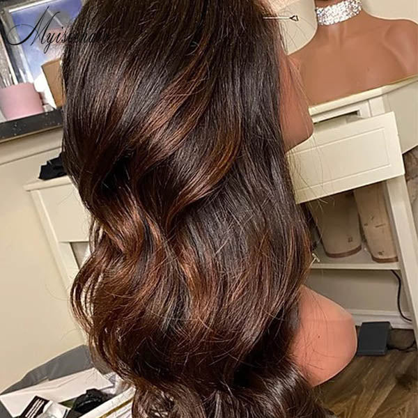 MYISEEHAIR OMBRE BROWN COLOR WAVY GLUELESS FRONTAL WIG ISEE63