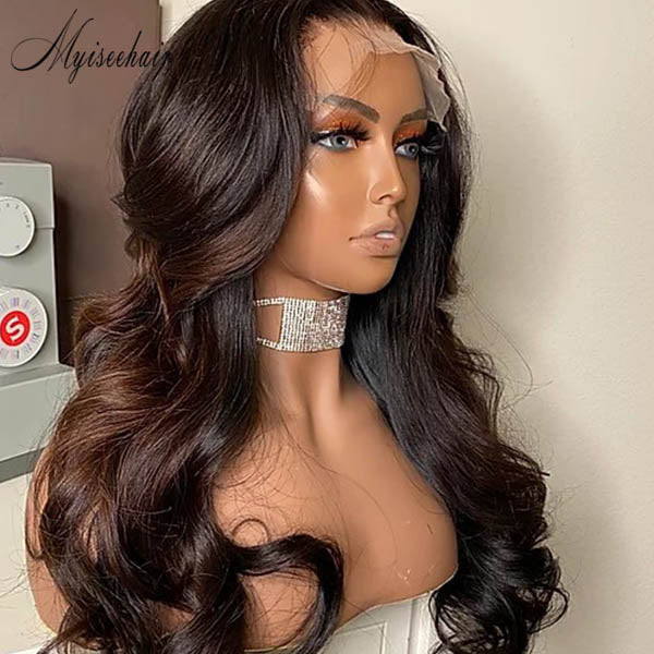 MYISEEHAIR OMBRE BROWN COLOR WAVY GLUELESS FRONTAL WIG ISEE63