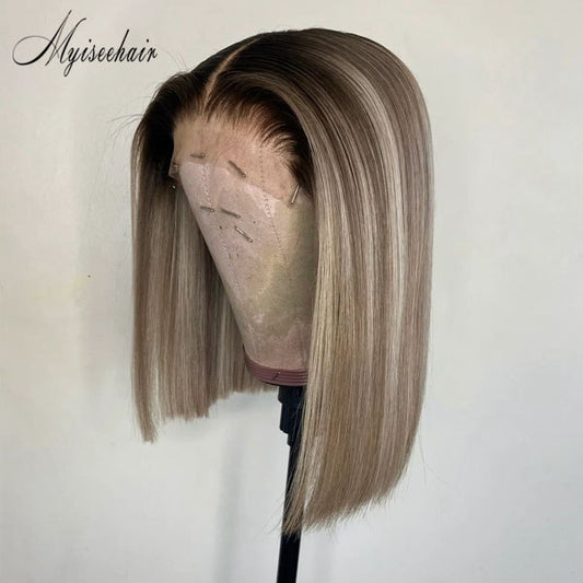 MYISEEHAIR Ombre Highlight Ash Blonde Middle Part Bob Cut Lace Front Wig ISEE34