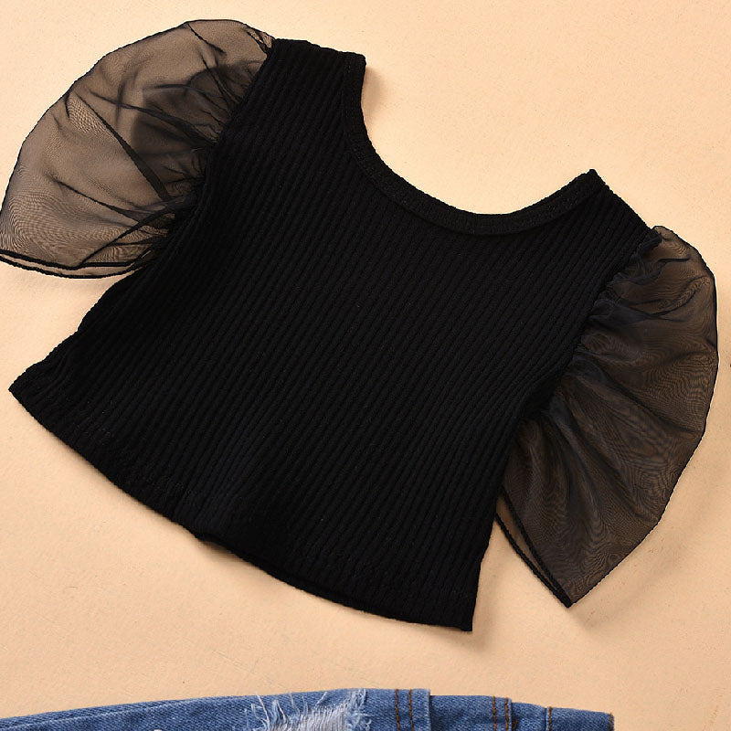 Mesh Stitching Ripped Raw Edge Jeans Children's Suit L201