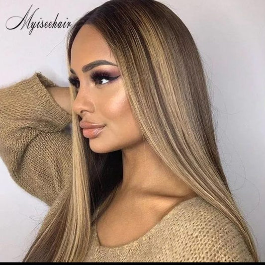 Myiseehair Straight Brown Ombre Blonde 150% Density Human Hair Lace Front Wig ISEE36