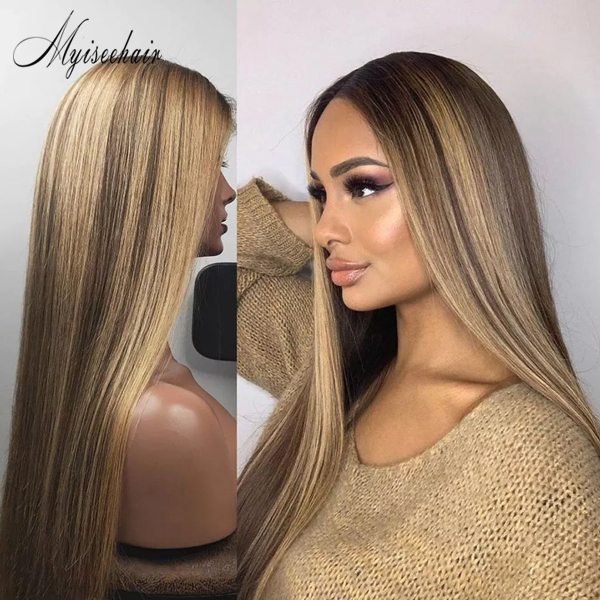 Myiseehair Straight Brown Ombre Blonde 150% Density Human Hair Lace Front Wig ISEE36