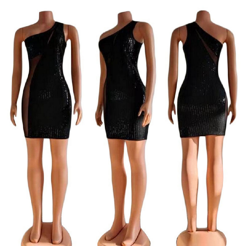 New Oblique Shoulder Sequin Mesh Sexy Fashion Hip Dress L171