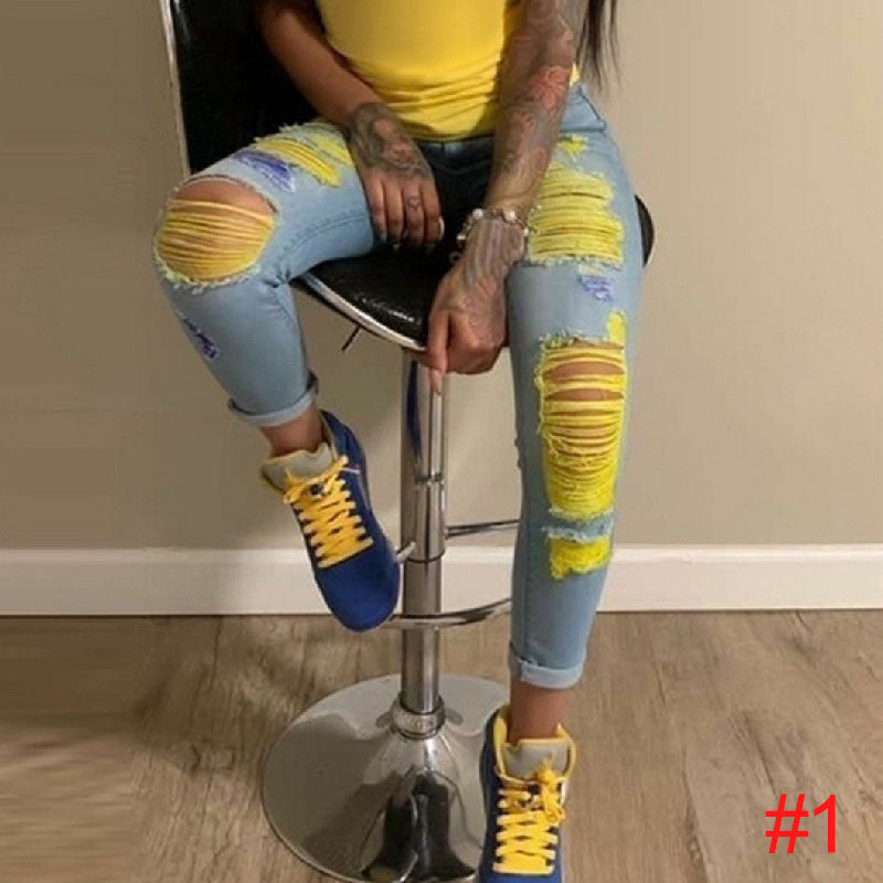 New street hipster pencil pants light color ripped elastic jeans women L233