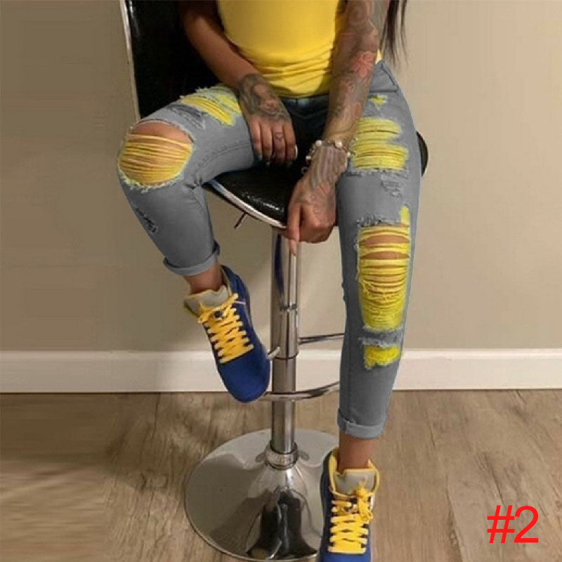 New street hipster pencil pants light color ripped elastic jeans women L233