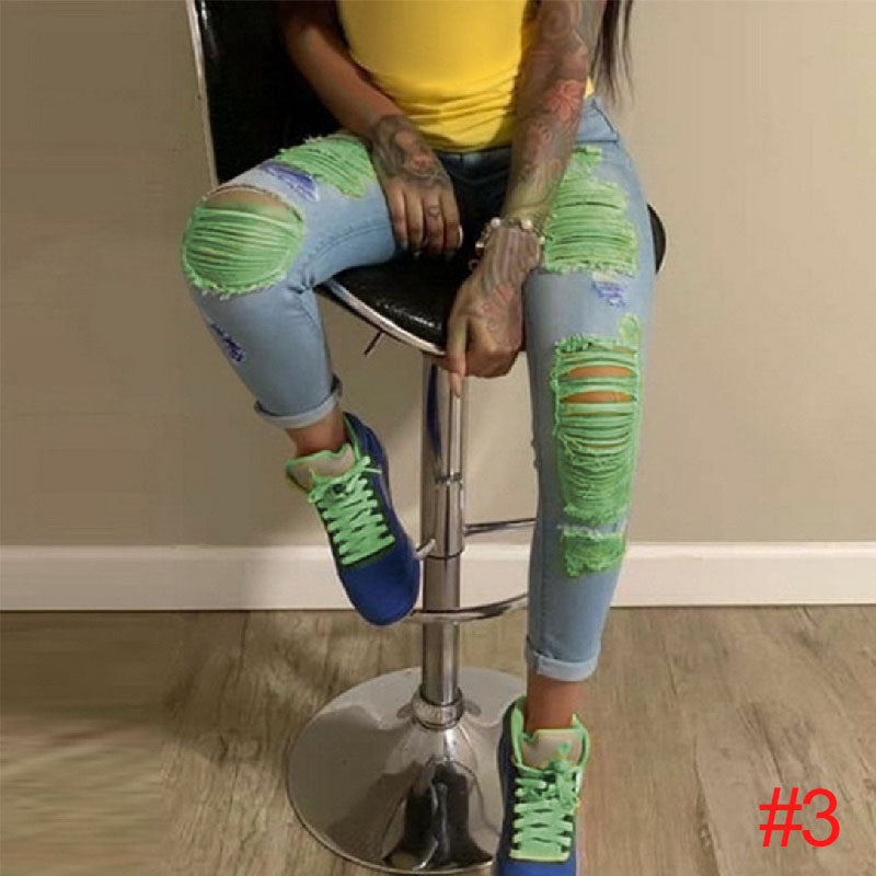 New street hipster pencil pants light color ripped elastic jeans women L233