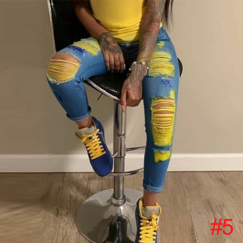 New street hipster pencil pants light color ripped elastic jeans women L233
