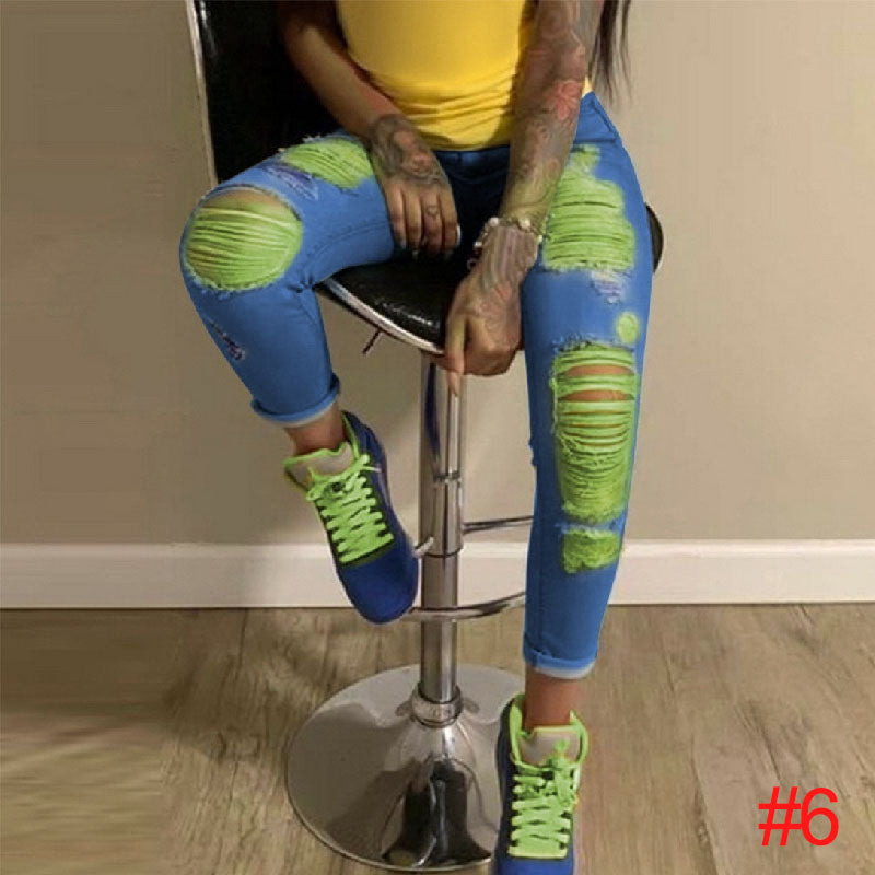 New street hipster pencil pants light color ripped elastic jeans women L233