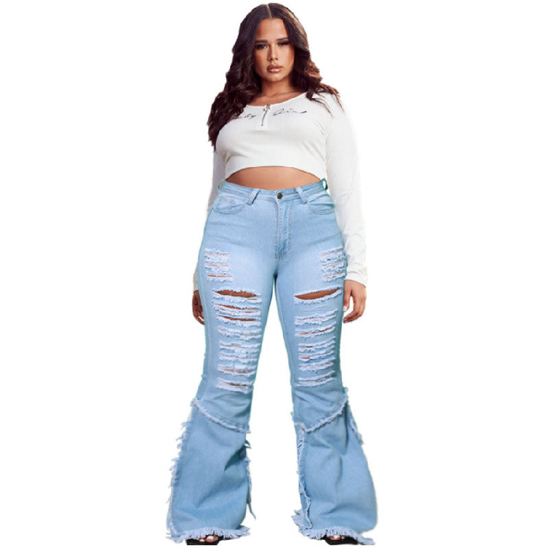 Plus Size Jeans Washed Ripped Tassels L141