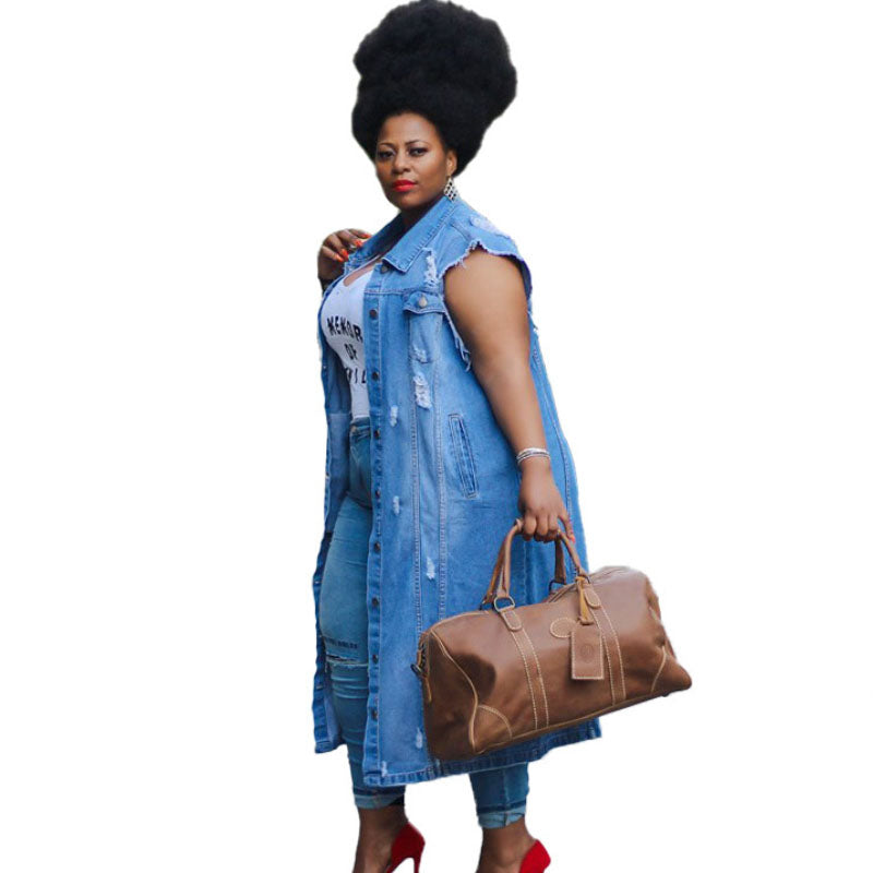Plus Size Mid Length Denim Large Vest Over Knee Vest Loose Jacket L142