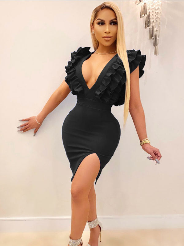 Solid Deep V-Neck Pleated Mini Dress L128