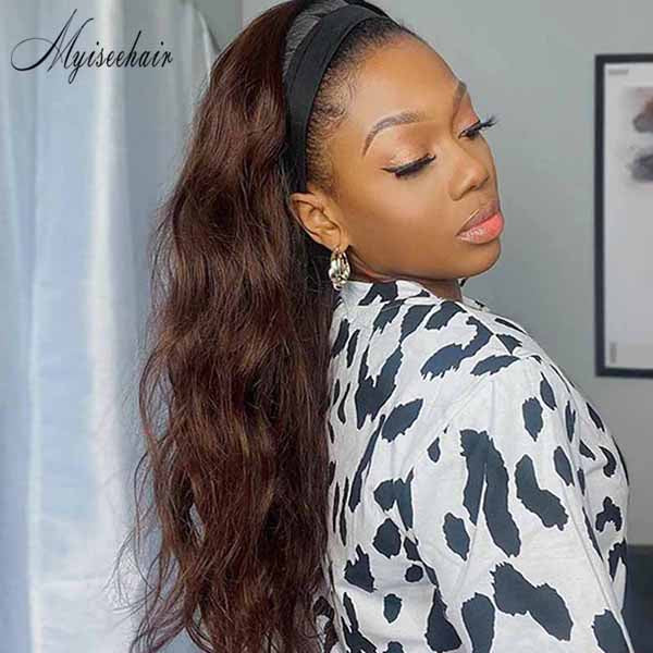 T1B#4 Color Best Virgin Human Hair Headband Wavy Wig ISEE107