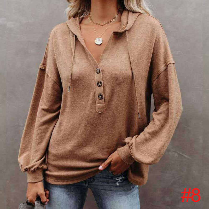 Women's Button-Up Hoodie Casual Loose Solid Color Sweatshirt L232