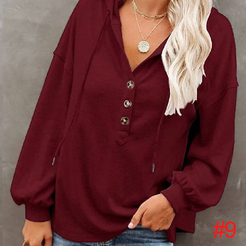Women's Button-Up Hoodie Casual Loose Solid Color Sweatshirt L232