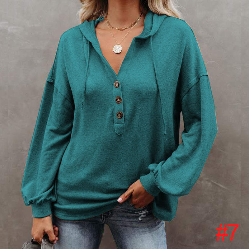 Women's Button-Up Hoodie Casual Loose Solid Color Sweatshirt L232