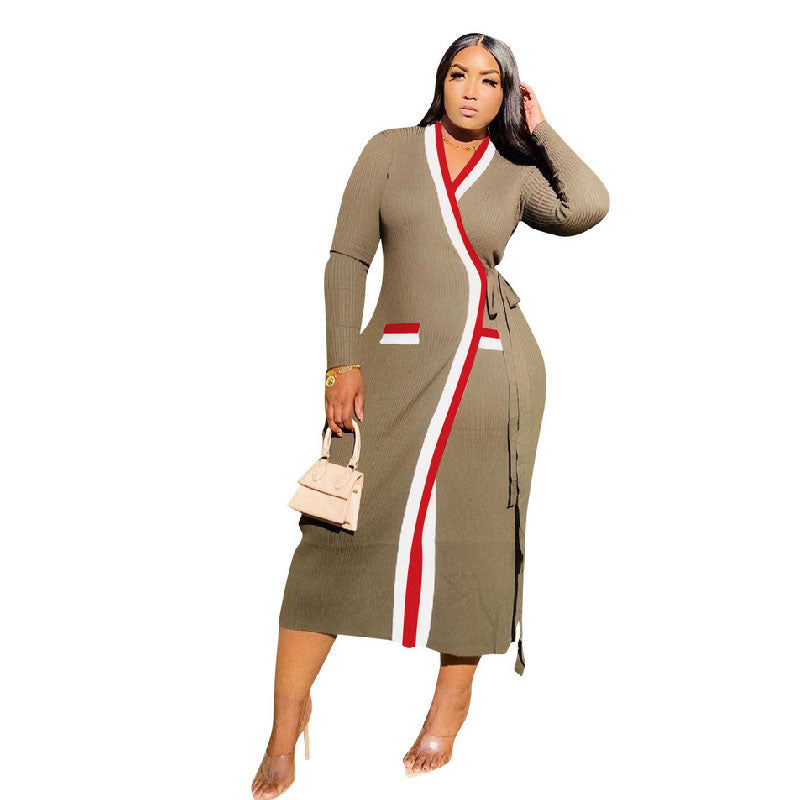 Women's Casual Ribbed Webbing Panel Long Sleeve Long Jacket L176