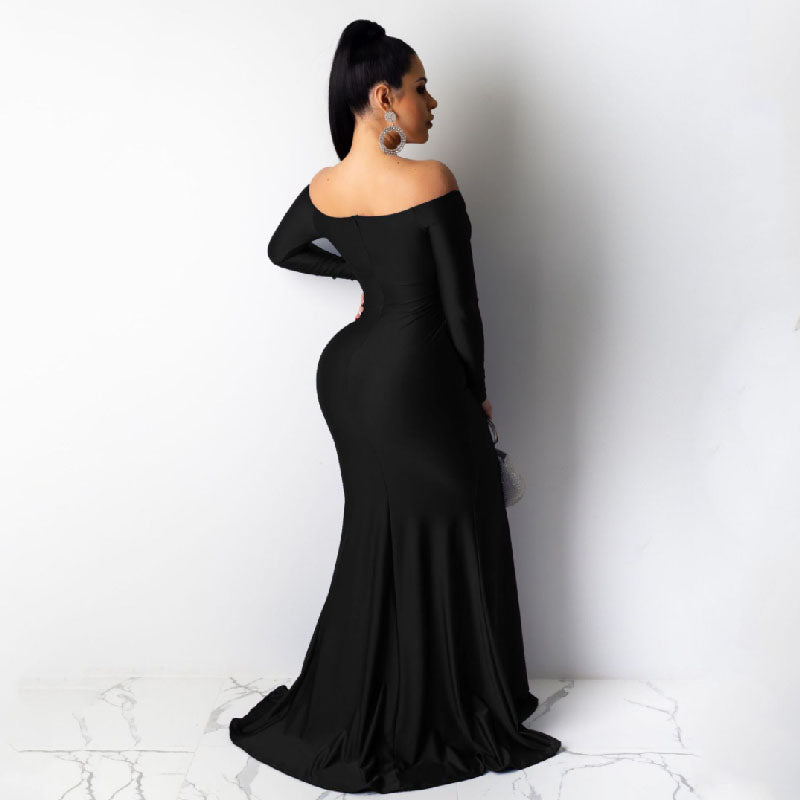 Women's Dress V Neck Dress Solid Color Large Slit Long Dress L145