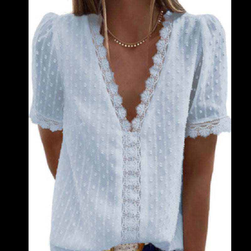 Women's Popular V-neck Short-sleeved Stitching Lace Chiffon Shirt L203