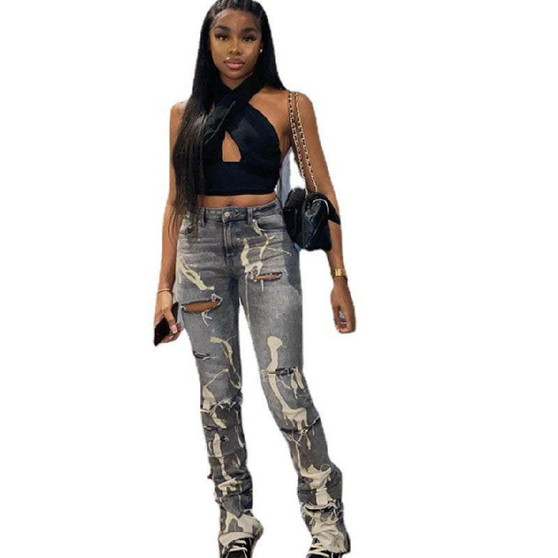 Women's Ripped Straight High Waist Washed White Slim Jeans L175