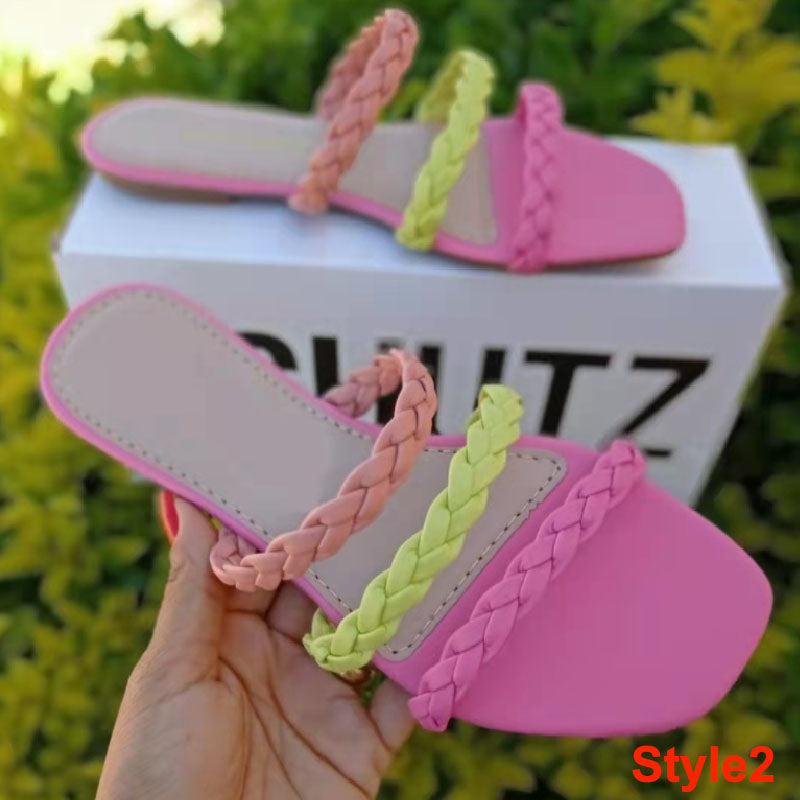Women's Square Toe Flat Bottom Woven Hollow Slippers L149