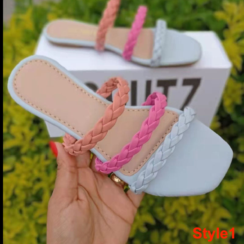 Women's Square Toe Flat Bottom Woven Hollow Slippers L149