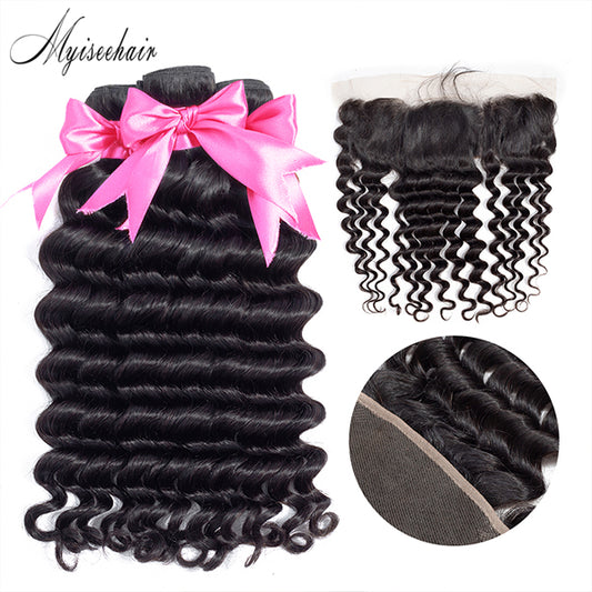 Myiseehair Lace Closure 4X4 with 3 Bundles Ocean Wave Virgin Human Hair Natural Black Color