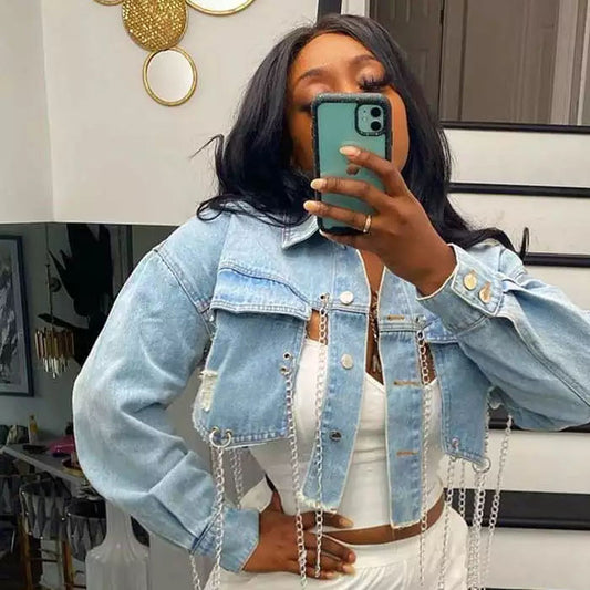 Chain short worn denim jacket size L39