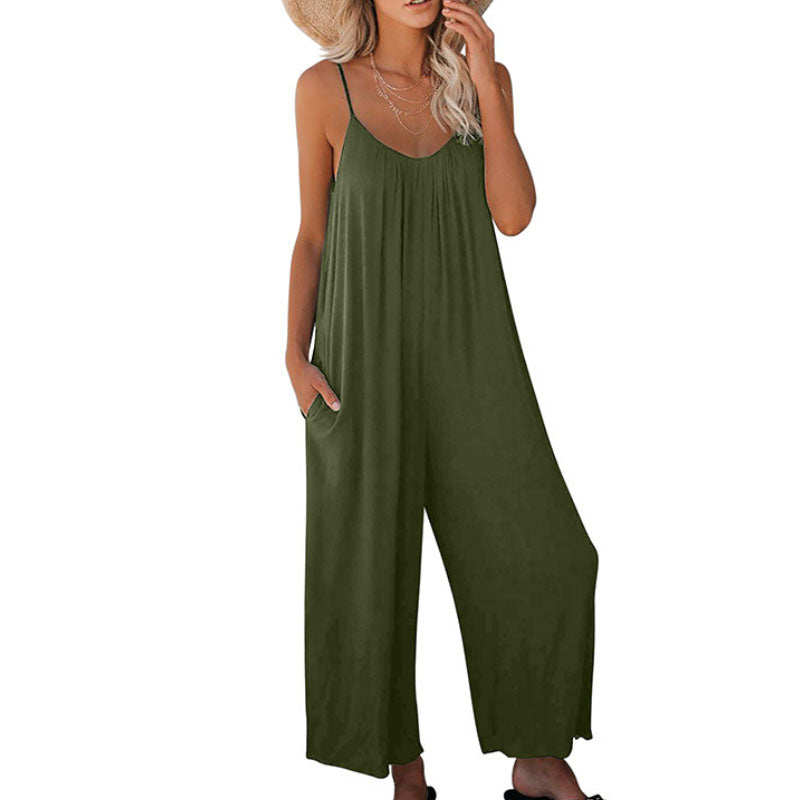 2022 Summer Pocket Casual Loose Wide Leg Sling Jumpsuit L131