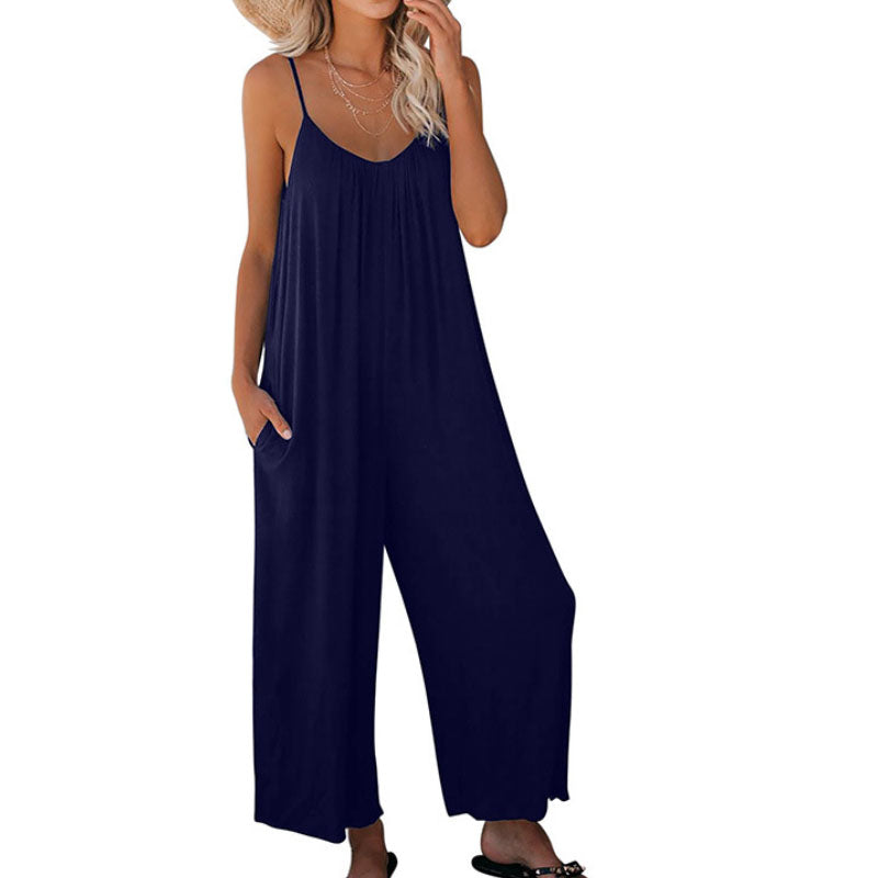 2022 Summer Pocket Casual Loose Wide Leg Sling Jumpsuit L131