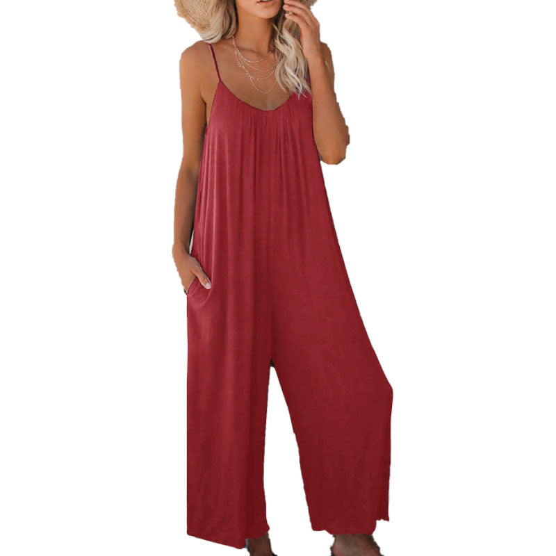 2022 Summer Pocket Casual Loose Wide Leg Sling Jumpsuit L131