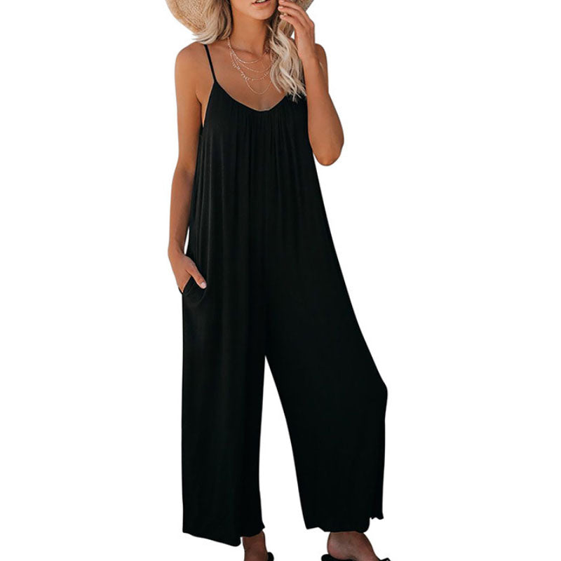 2022 Summer Pocket Casual Loose Wide Leg Sling Jumpsuit L131