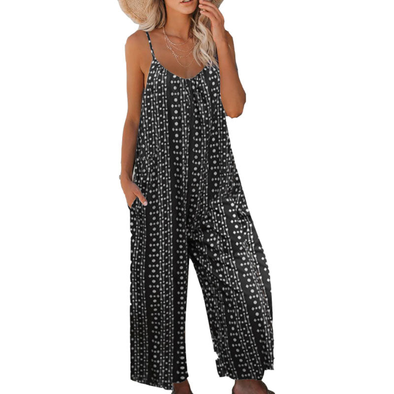 2022 Summer Pocket Casual Loose Wide Leg Sling Jumpsuit L131