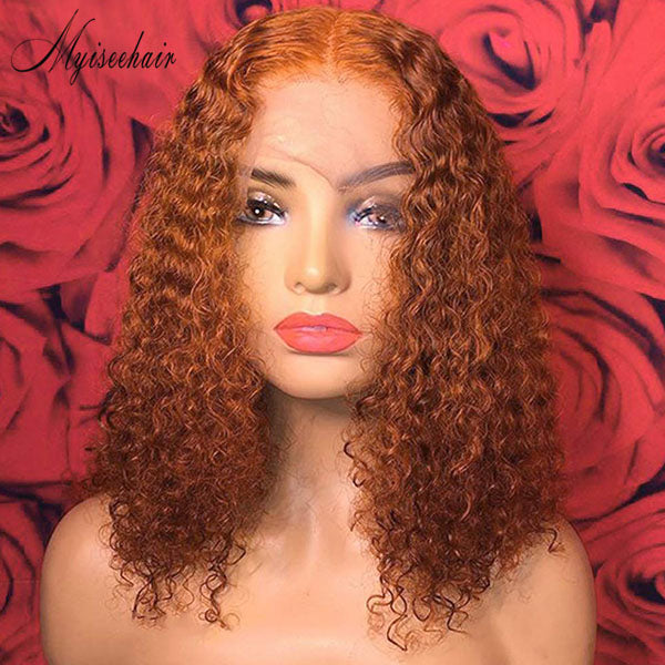 Orange Human Hair Lace  Front Wig For Women Ginger Curly Pixie Cut Short Bob ISEE104