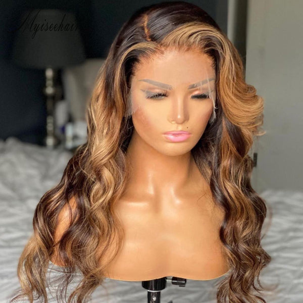 MYISEEHAIR Highlight Color Body Wave Virgin Human Hair 13x6 HD Lace Front Wigs With Fake Scalp  ISEE97