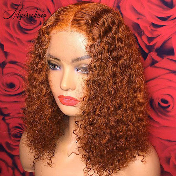 Orange Human Hair Lace  Front Wig For Women Ginger Curly Pixie Cut Short Bob ISEE104