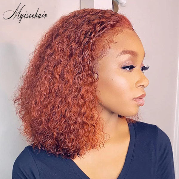 Orange Human Hair Lace  Front Wig For Women Ginger Curly Pixie Cut Short Bob ISEE104