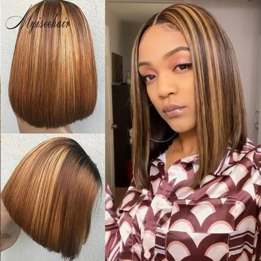 MYISEEHAIR EVA COLORED BOB HUMAN HAIR WIG LIGHT BLONDE FACE FRAME HIGHLIGHTS LACE FRONT WIG ISEE05