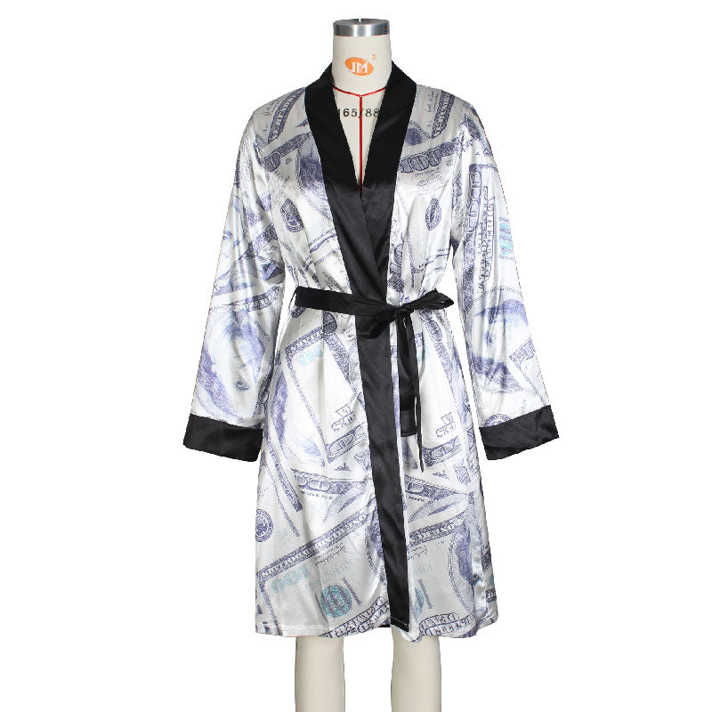 Fashion Dollar Print Cardigan Homewear Bathrobe Pajamas L135