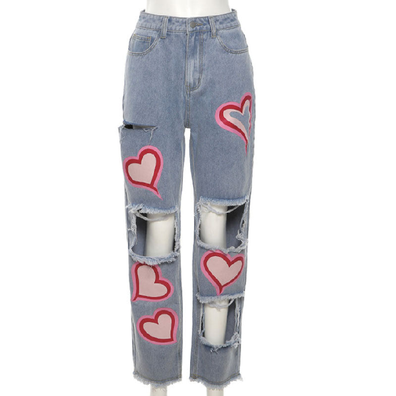 Fashion Hollow Hole Print High Waist Straight Casual Jeans L173