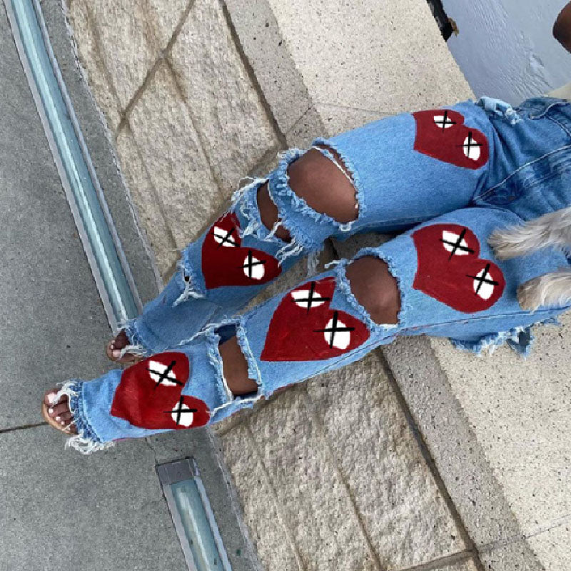 Fashion Hollow Hole Print High Waist Straight Casual Jeans L173