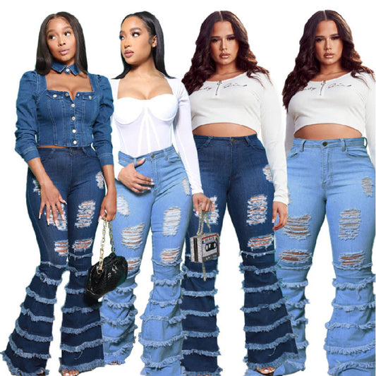 Flared Ripped Washed Tassel Women's Plus Size Jeans L140
