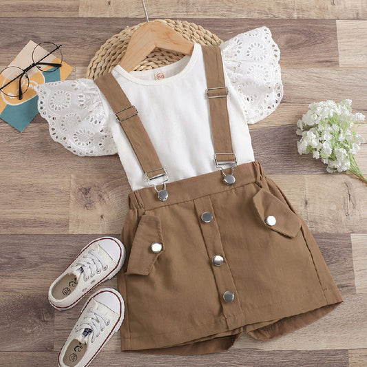 Girls Solid Color Hollow Crew Neck Top Bib Skirt Two Piece Set L200