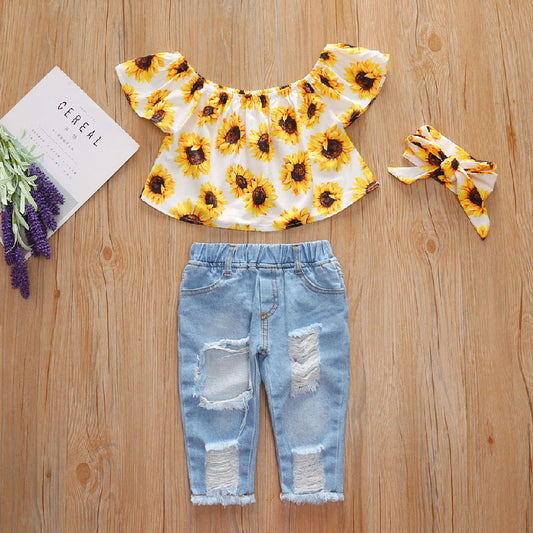 Girls' Printed Brushed Denim Ripped Pants Bandana Three Piece Set L202