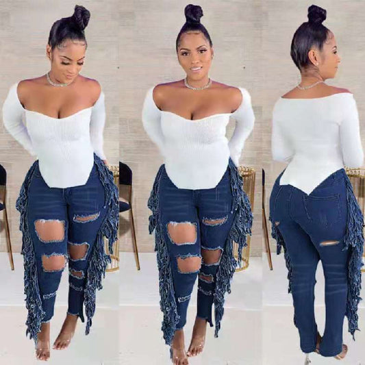 High waist casual big tassel ripped jeans women's L174