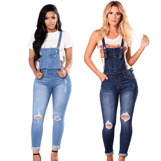 Ladies Ripped Denim Suspender Jeans With Straps L159