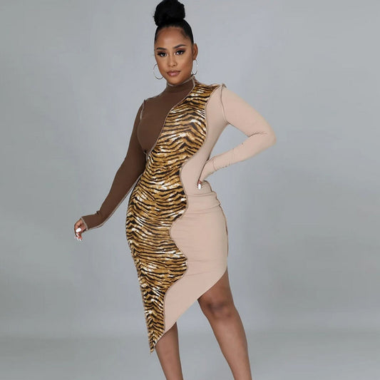 Long Sleeve Half Turtleneck Fashion Colorblock Casual Slim Dress L190