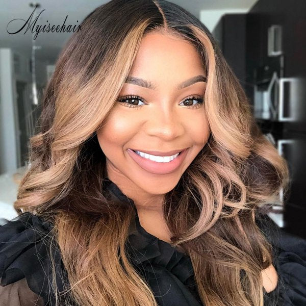 MYISEEHAIR Ash Blonde Highlights Natural Wavy Lace Wigs With Fake Scalp ISEE31