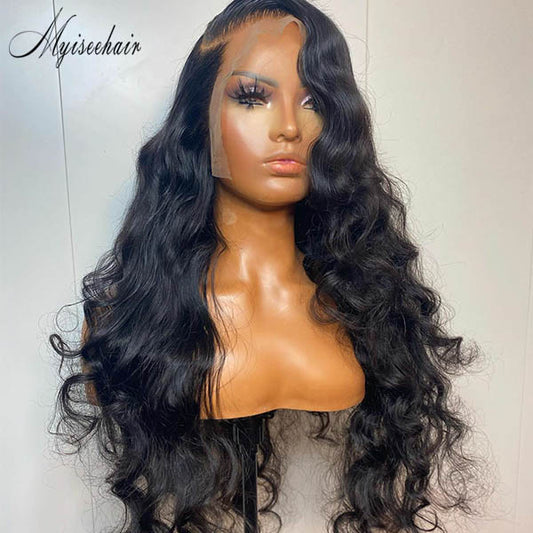 MYISEEHAIR BLACK HUMAN HAIR WIG WAVY 360 LACE FRONTAL WITH HIGH PONYTAIL ISEE21